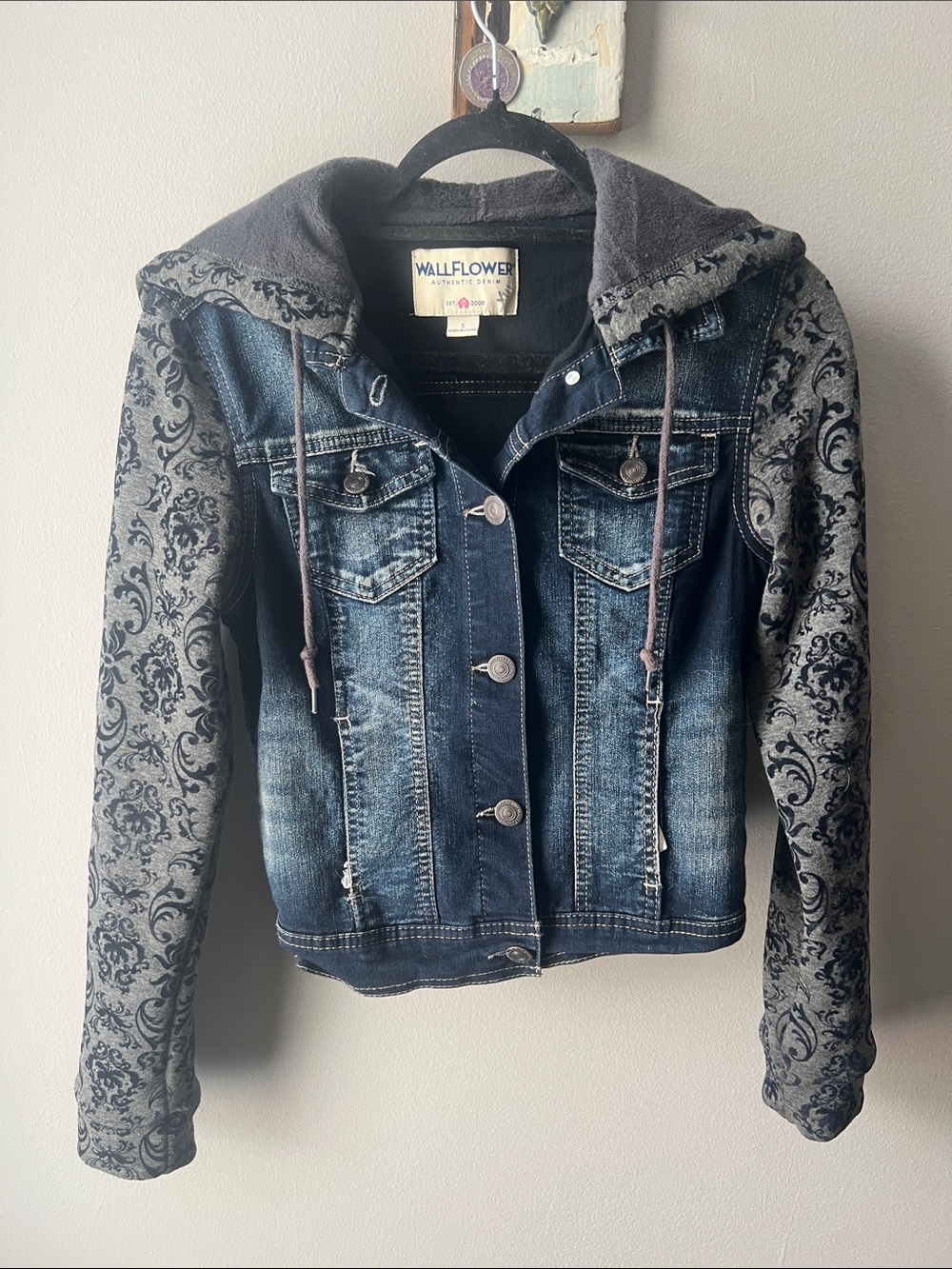 Wallflower Blue Denim Jacket with Gray Patterned Sleeves